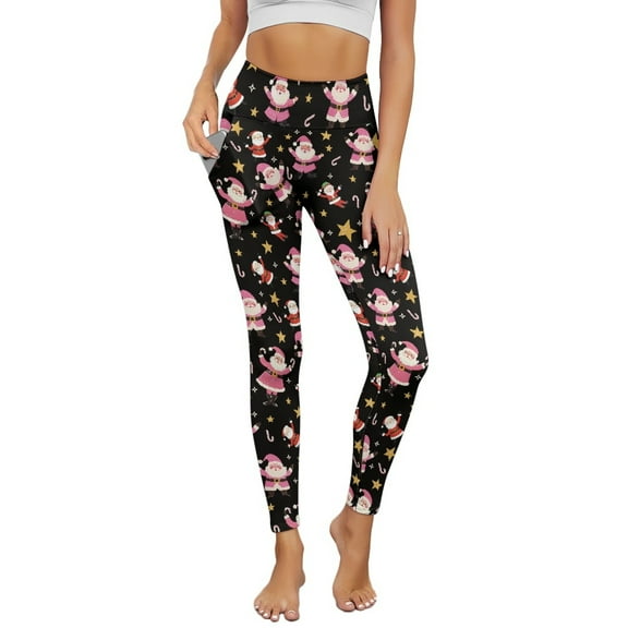 Renewold Santa Claus Star Candy Cane Pocket Yoga Leggings for Women Yoga Pants Tights Ultra Soft Slim Basic Pants Casual Active Yoga Leggings for Workout Sports Yoga Party, XS