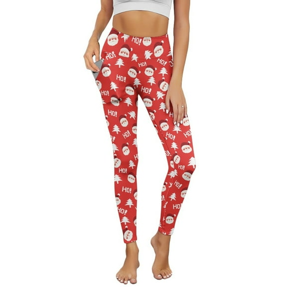Renewold Santa Claus Tree Ho Ho Red Yoga Pants with Pockets for Women Full Length Lounge Leggings High Waist Tummy Control Running Pants Activewear Stylish Womens Leggings, XL