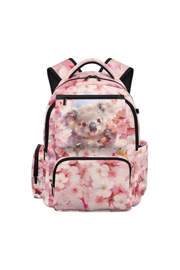 School Backpack for Girls Large Capacity Shoulder Bag Lightweight Backpack 17 Inch Multi Pockets with Side Pockets Schoolbag, Koala Cherry Blossom Print Pink