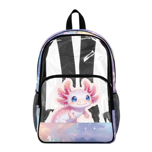 Renewold School Backpack Large Travel Backpack with Side Pockets Clear Bag for Security Check Sports Events Concerts Kids Shoulder Bag PVC Wide Shoulder Straps, Axolotl Star Print