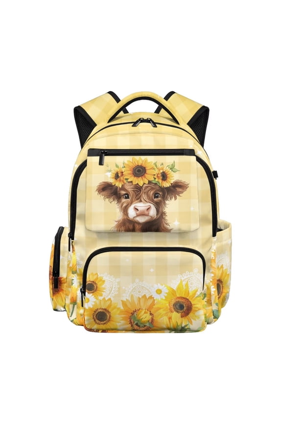 Schoolbag with Multiple Pockets 17 Inch Large Travel Backpack with Padded Shoulder Straps Back to School Essentials Backpack for 15.6 inch Laptop, Cow Sunflower Checkered Pattern Yellow