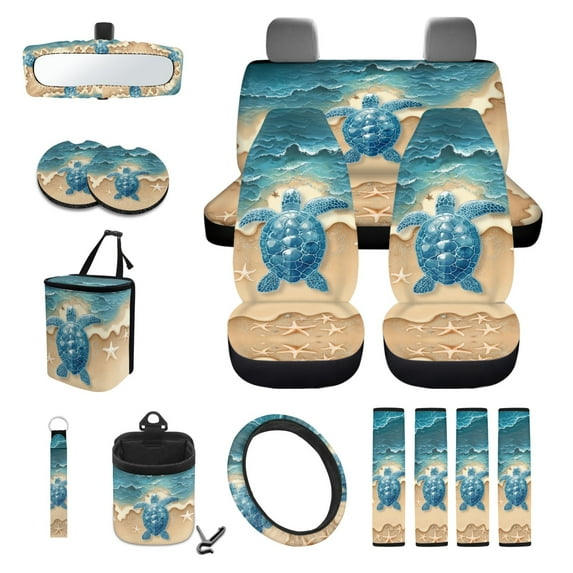 Renewold Sea Turtle Beach Starfish Car Seat Cover Protector Set 15 PCS, with Steering Wheel Cover Seat Belt Pad Garbage Bag Air Vent Bag Rearview Mirror Cover Coasters Key Chain Fit Most Vehicles