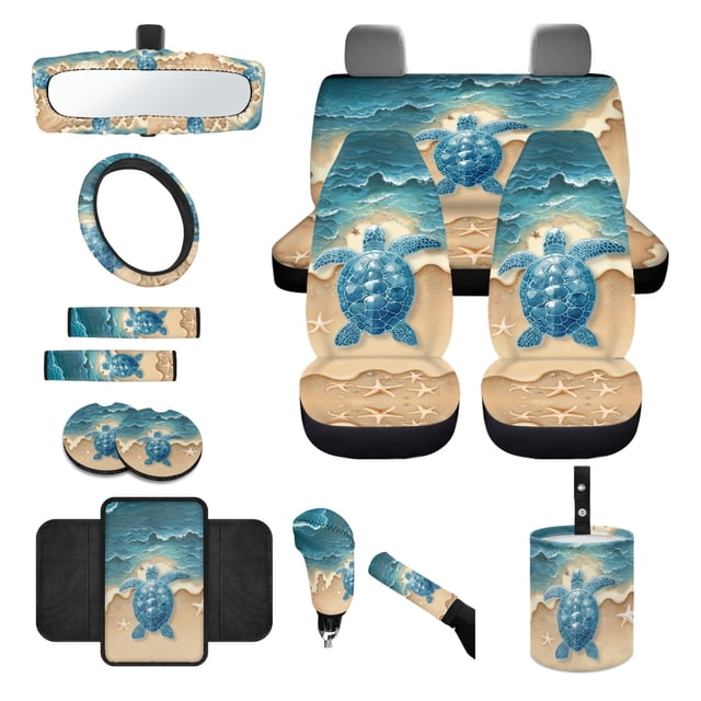 Renewold Sea Turtle Beach Starfish Car Seat Covers Front Rear Full Set Steering Wheel Seat Belt Pads Coasters Waste Bin Armrest Pad Cup Holders Rearview Mirror Handbrake Cover Set, 14 Pack