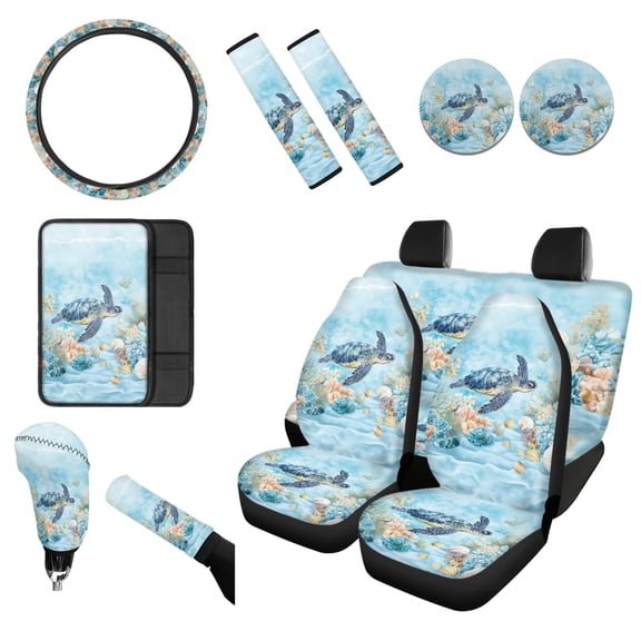 Renewold Sea Turtle Coral Blue Car Seat Cover Full Set 12 PCS, with Steering Wheel Cover Seat Belt Cover Armrest Cover Gear Shift Knob Cover Handbrake Cover Coasters Car Accessories Decor