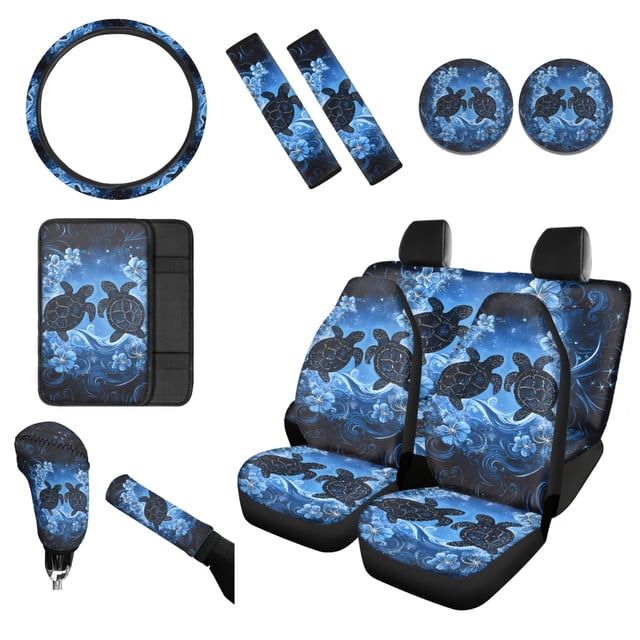 Renewold Sea Turtle Floral Blue Black 12 Pieces Car Seat Cover Steering Wheel Cover, Seat Belt Strap Wrap Cover Armrest Pad Handbrake Cover Gear Shift Cover Cup Holder Coasters for Truck Vans Sedans