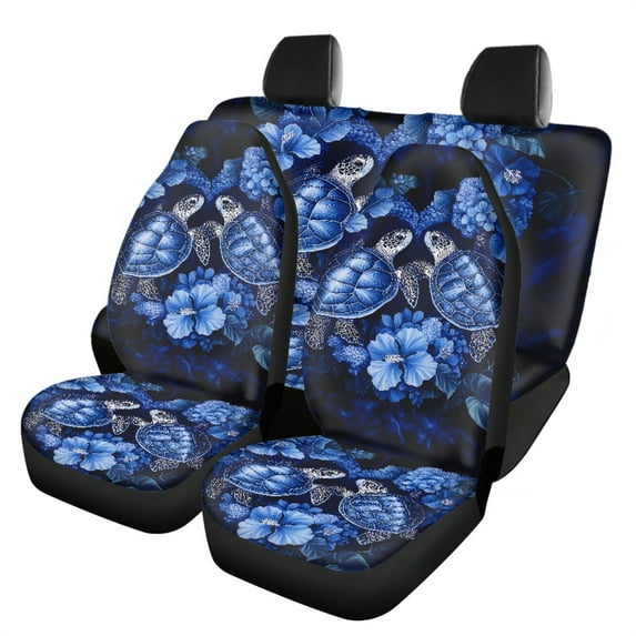 Renewold Sea Turtle Flower Blue Car Front Back Seat Covers Full Set, Universal Fit Most Car SUV Van Truck, Fashion Auto Accessories for Women Men