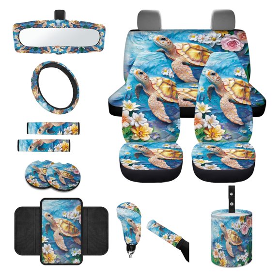 Renewold Sea Turtle Flower Yellow 14 PCS Car Seat Cover Full Set, with Steering Wheel Seatbelt Pads Cup Coaster Trash Can Rear View Mirror Armrest Cover Coasters Handbrake Cover Set