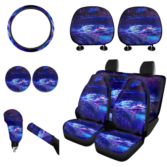 Renewold Sea Turtle Galaxy Blue Car Seat Covers for Women Men Steering Wheel Cover Headrest Cover Cup Coasters Handbrake Cover Gear Shift Cover Universal Fit Most Car SUV Van, Easy to Install