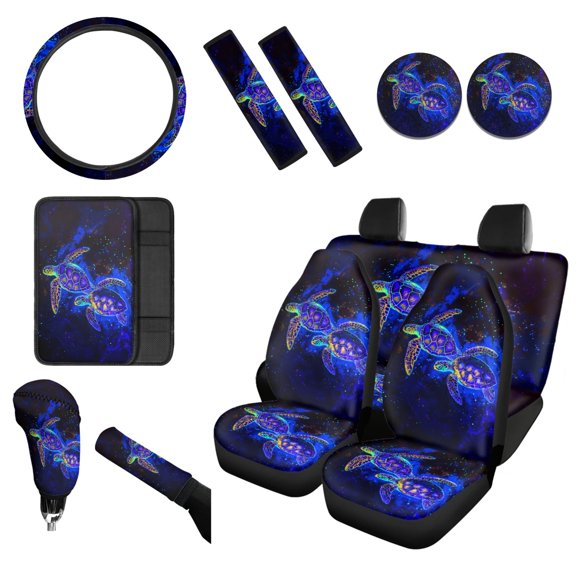 Renewold Sea Turtle Galaxy Car Seat Cover Set, 12 PCS Seat Protective, Steering Wheel Cover, Seat Belt Strap Cover Seat Cushion Cover Car Accessories Decor Universal Fit Most Cars