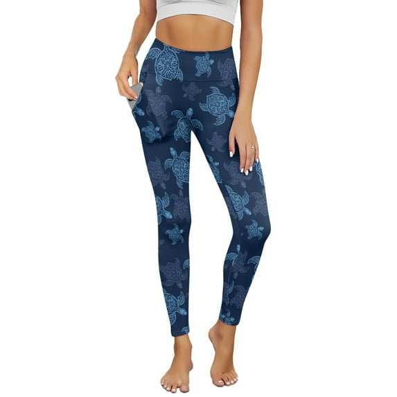 Renewold Sea Turtle Navy Blue Pocket Yoga Pants for Women Tummy Control Active Yoga Pants Butt Lifting Stretchy Comfy Leggings Sportswear Running Tights Ankle Leggings, XL