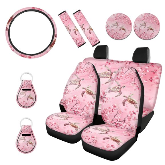 Renewold Sea Turtle Pink Flower Car Seat Covers Full Set for Men Women Auto Interior Accessories with Steering Wheel Covers, Seat Belt Pad Cover, Coaster, Keychains 11 Pack Auto Seat Covers Sets