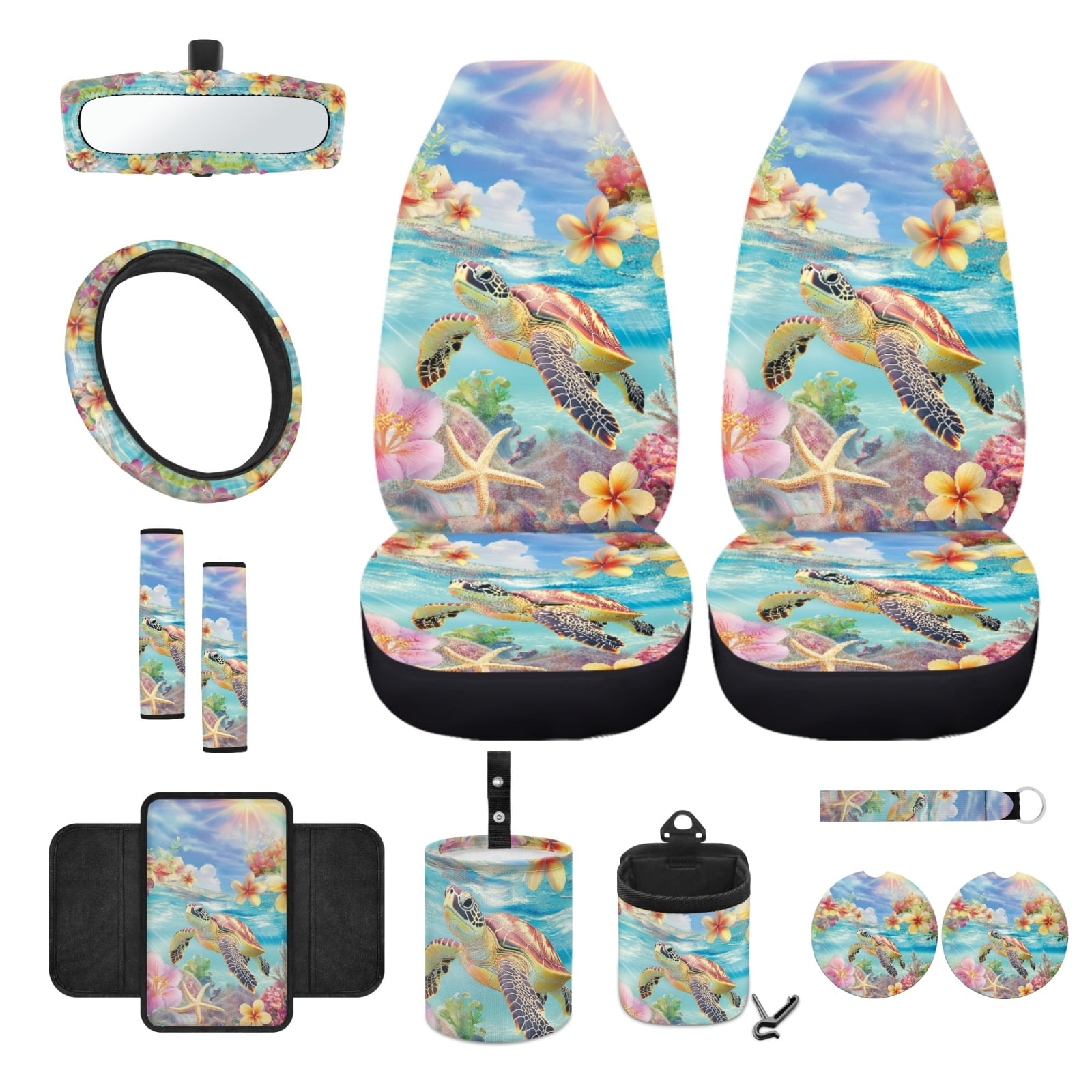 Renewold Sea Turtle Plumeria Starfish Car Front Seat Covers Set 12 Pack, with Steering Wheel Rear View Mirror Cover Seat Belt Pads Armrest Prorector Trash Bin Sunglass Pocket Coasters Key Chain