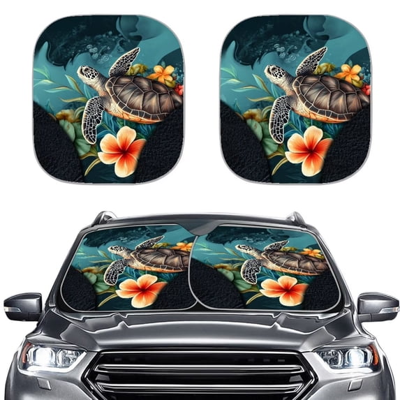 Renewold Sea Turtle Plumeria Teal Auto Windshield Sun Shade for Men Women, Foldable Front Window Sunshade Universal Fit Most Sedans SUV Van