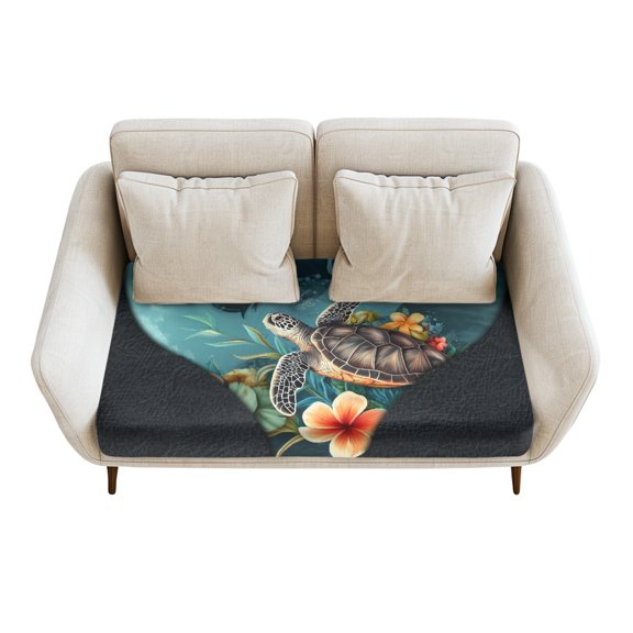 Renewold Sea Turtle Plumeria Teal Sofa Cushion Cover Stretch Couch Cushion Protector Cover Chair Slipcover Protector Anti-Slip Loveseat Couch Cover with Elastic Bottom, M