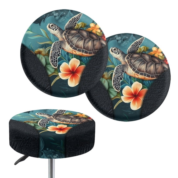 Renewold Sea Turtle Plumeria Teal Stool Covers Washable Stretch Round Bar Stool Covers Pub Counter Stool Chair Slipcovers for 12-14 Inch Cushion, 2 Pack