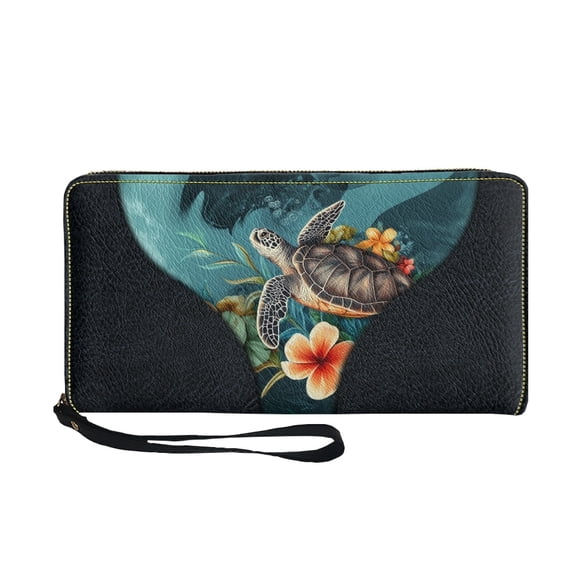 Renewold Sea Turtle Plumeria Teal Wallet with Wrist Strap for Women PU Leather Handbag Ladies Long Clutch Cell Phone Case Zipper Closure Card Holder