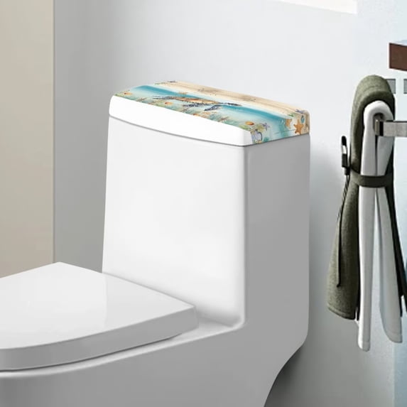Renewold Sea Turtle Print Toilet Tank Lid Cover, Bathroom Decorative Dust-proof Toilet Lid Cover with Elastic Edge Fit for Most Toilets Tanks
