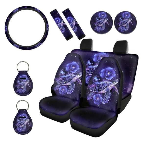 Renewold Sea Turtle Rose Galaxy Violet Car Seat Covers Set 11 PCS, with Soft Breathable Steering Wheel Seat Belt Covers Coasters Keychain Universal Fit for Most Vehicles