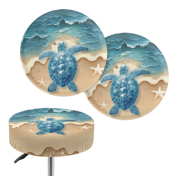 Renewold Sea Turtle Starfish Beach Blue Bar Stool Seat Covers Stretch Round Chair Covers 14-16 Inch Fashion Vanity Seat Cushion Saddle Slipcovers, 2 Pack