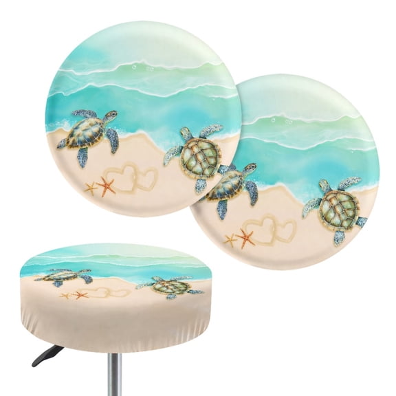 Renewold Sea Turtle Starfish Beach Stool Covers Round 2 Pack Stretch Bar Stool Saddle Padded Seat Covers Washable Stool Cushion Slipcovers for 13-15 Inch Chair