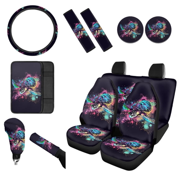 Renewold Sea Turtle Watercolor 12 Pieces Car Seat Cover Steering Wheel Cover, Seat Belt Strap Wrap Cover Armrest Pad Handbrake Cover Gear Shift Cover+Truck Vans Sedans Cup Holder Coasters