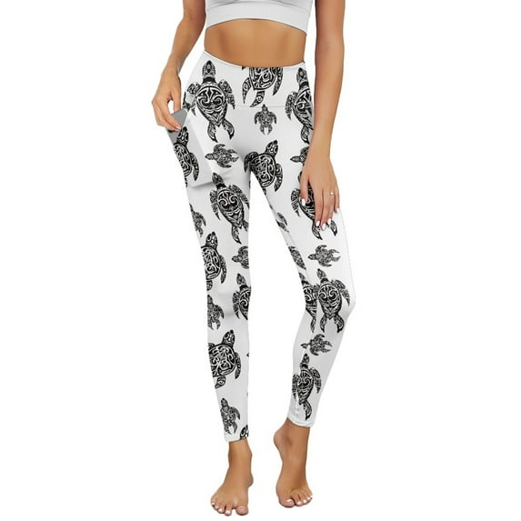 Renewold Sea Turtle White Yoga Leggings with Pockets for Women Thick Exercise Yoga Pants High Waisted Soft Slim Ankle Pants Printed Leggings 4 Way Stretch Leggings, M