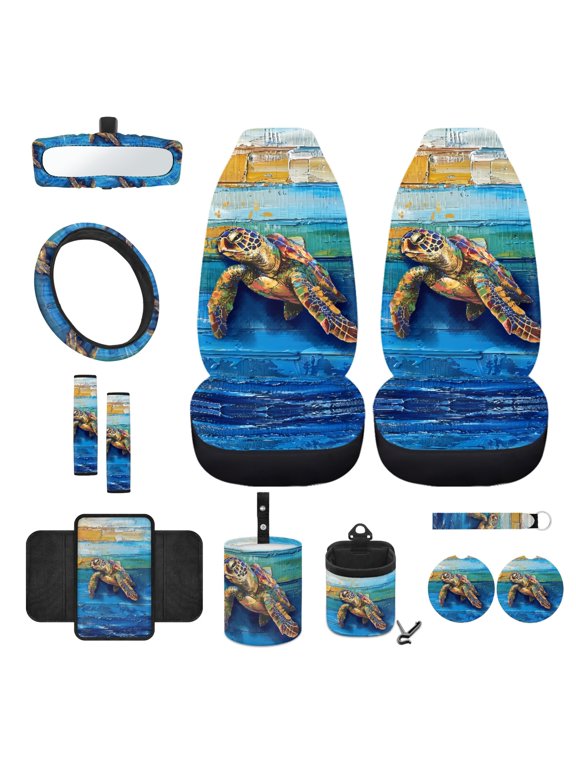 Sea Turtle Wood Grain 12 PCS Front Car Seat Cover Full Set, with Steering Wheel Cover Seat Belt Covers Armrest Protector Trash Can Air Vent Holder Rear View Mirror Cover Coasters Key Chain