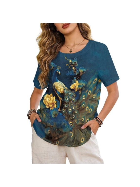 Short Sleeve Tops for Women Soft Spring Tops for Women Travel Blouses Loose Fit Dressy Shirts with Decorative Buttons Trendy Outfit Plus Size, Peacock Gold Floral Print Blue, 3XL