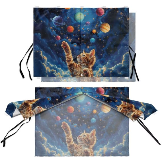 Renewold Side Window Sun Shade Magnetic Double Layer Car Sunshade Block Heats Car Window Shades for Side Windows for Breastfeeding, Space Cat Planet Cloud Print Blue