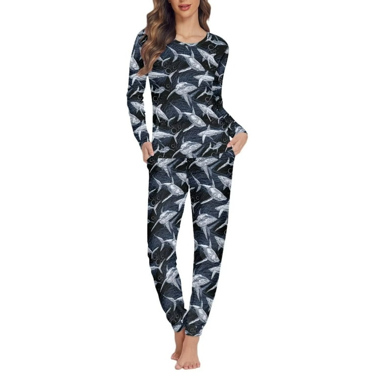 Renewold Size L Women Sleepwear Pajama Set Shark Design Personalized Casual  Wear Sweatshirt Softness Pajama Loungewear,Trendy Skin Friendly Long-Sleeve  Nightwear,2pcs 