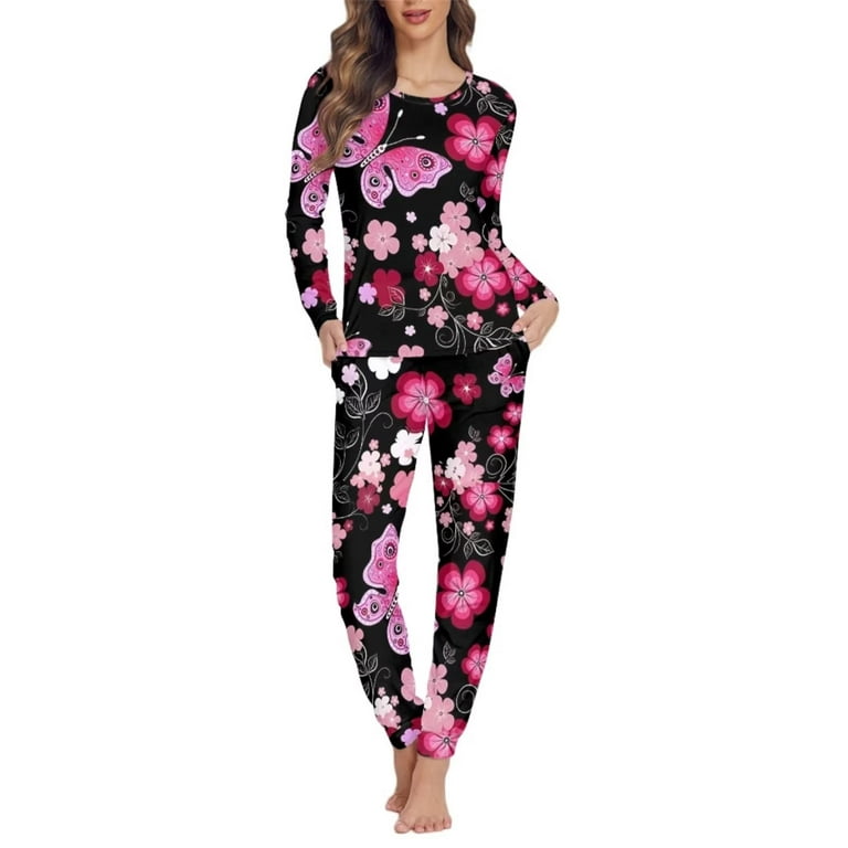 Renewold Size XS Women Nightwear Pajama Set Comfy Pink Flowers Butterfly  Graphic Loungewear Pjs Sleepwear Warmth Leisure Sleep Nightclothes Shirt,Pack  of 2 