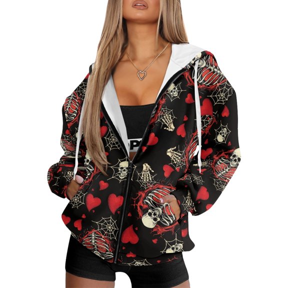 Renewold Skeleton Cobweb Red Love Oversized Hoodies for Women Long Sleeve Full Zip Hooded Sweatshirts Loose Fit Pullover Sweaters Fashion Jackets Fleece Sweatshirt Athletic Clothing, XXL
