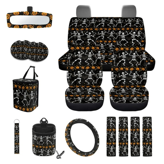 Renewold Skeleton Pumpkin Bat 15 PCS Car Seat Cover Set, with Steering Wheel Seat Belt Rear View Mirror Cover Coaster Trash Cans Keychain Air Vent Storage Bag Halloween Auto Decor Universal