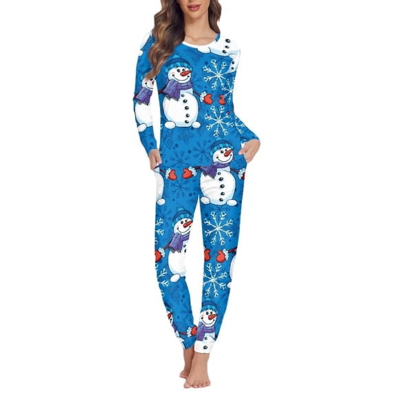 Renewold Skin Friendly Nightwear for Women Snowman Snowflake Crewneck Top and Pants Set Christmas Relaxed Life Time Home 2 Pieces Pajamas Sleepwear,Size M