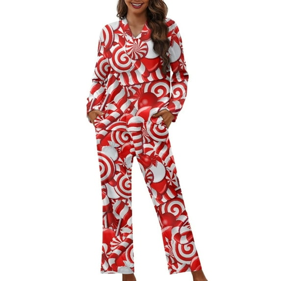 Renewold Skin Friendly Pajama for Women Christmas Candy Canes Graphic Pjs Long Pant Set 2 Pieces Leisure Sweatsuit Indoor Loungewear Size L Thermal Button Down Sleepwear
