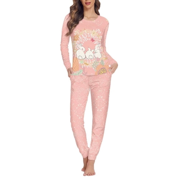 Renewold Skin Friendly Pajamas Sets of 2 Rabbit Floral Women Round Neck Sleepwear Easter Sweatpants Long Sleeve Pjs Size XS Soft Outfits Loungewear Tops