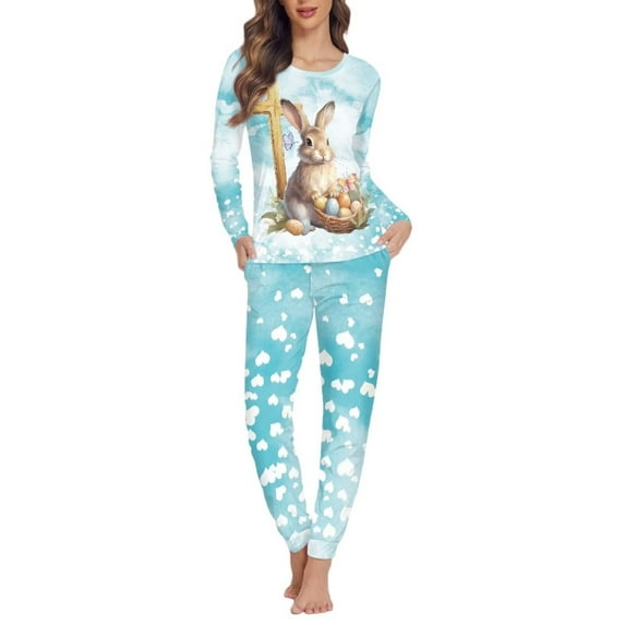 Renewold Skin Friendly Pajamas for Women 2 Pieces Soft Comfy Athletic Clothing Cross Rabbit Easter Egg Daily Wear Nightwear Thermal Round Neck Lounge Set Size XS