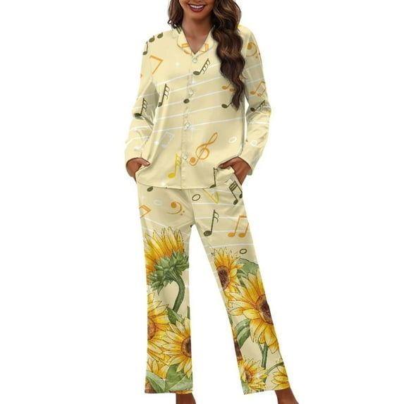 Renewold Skin Friendly Pjs Set Button-Down Pajamas Top and Pants Elastic Sunflowers Notes Lounge Wear 2pcs Women Soft Scoop Neck Comfort Nightwear Holiday Daily Wear Size L