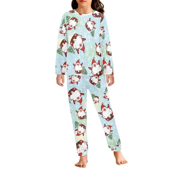 Renewold Skin Friendly Sleepwear Nightgown Outfits Set for Children 2 PCS Santa Xmas Trees Scoop Neck Home Life Wear Tracksuit Shirt Christmas Pajamas Top Size 7-8