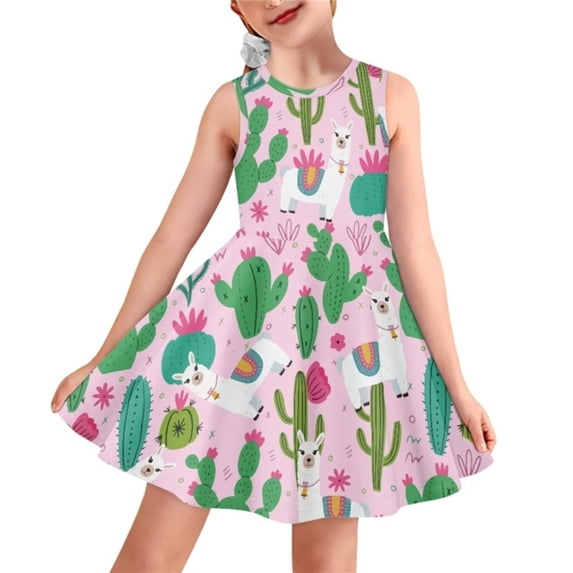 Renewold Skin Friendly Sleeveless Sundress Tank Dress Alpaca Cactus Basic Skater Dress for Kids Spring Summer Going Out Tour Playwear Teens Girl Casual Dress Size 7-8
