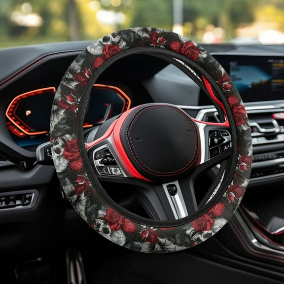 Renewold Skull Bat Rose Steering Wheel Cover for Car SUV Truck Van, Universal 15 Inch Auto Accessories Halloween Decor Interior Accessories for Women Men