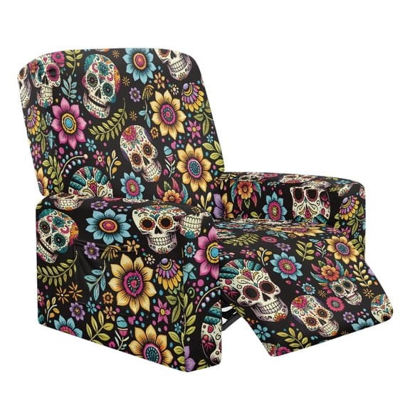 Renewold Skull Boho Floral Chair Cover for Recliner with Arms Stay in Place Recliner Slipcover 4 Pieces Soft Single Seat Reclining Couch Cover for Living Room Home Decor