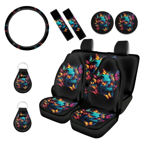 Renewold Skull Butterfly Car Seat Covers for Men Women Auto Interior Accessories Full Set with Steering Wheel Covers Seat Belt Pad Cover Coaster Keyring 11 PCS Auto Seat Cushion Covers Set