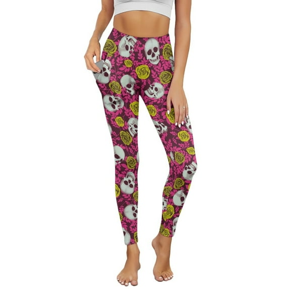 Renewold Skull Rose Leaf Pink Womens Yoga Leggings with Pockets Workout Leggings Full Length High Waisted Running Pants Non See-Through Athletic Tights Printed Tights, M