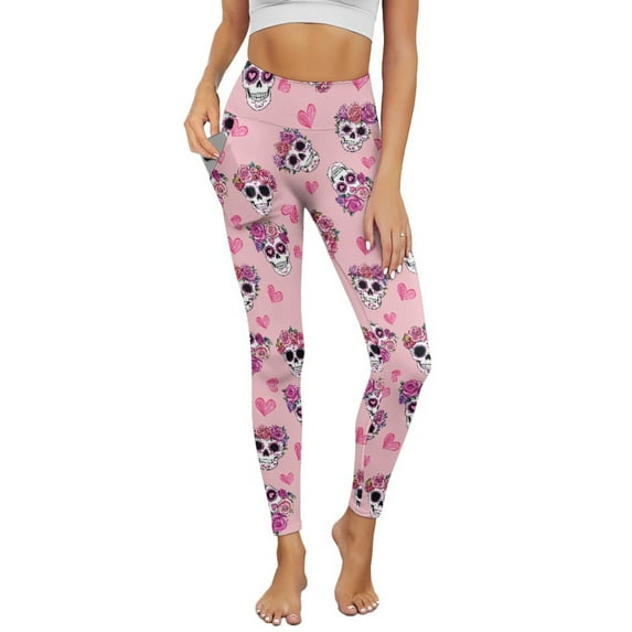 Renewold Skull Rose Love Pink Yoga Leggings for Women with Pockets Elastic Trendy Exercise Yoga Pants High Waisted Full Length Graphic Pants for Running Sports Party, L