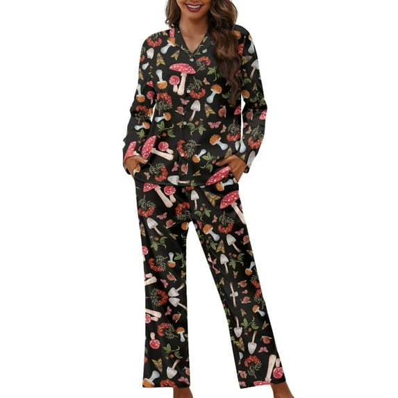 Renewold Sleepwear Pj Tops & Pants Matching Set of 2 Aesthetic Mushroom Butterfly Nightgown Pajamas for Women Warmth Leisure Sleep Button Down Pajama Shirt Size 2XL