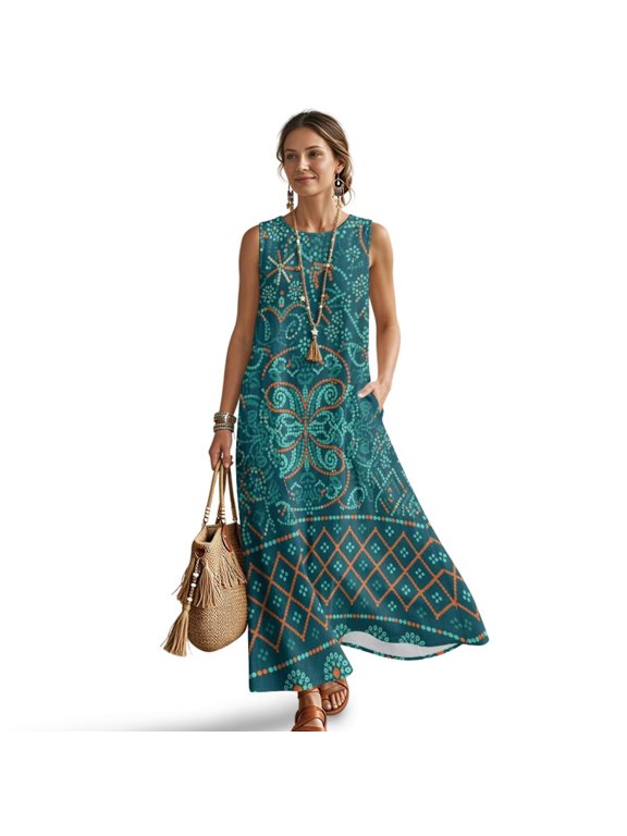 Sleeveless Summer Dresses Plus Size for Women A-Line Loose Maxi Dress Comfy Summer Sundress Womens Beachwear for Beach Travel Casual, Ethnic Print Cyan, 4XL