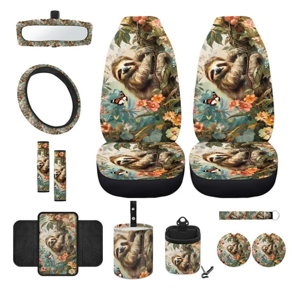 Renewold Sloth Flower Butterfly Front Car Seat Cover Full Set 12 PCS, with Steering Wheel Cover Seatbelt Pad Armrest Pad Coasters Garbage Can Rear View Mirror Cover Keychain Air Vent Bag