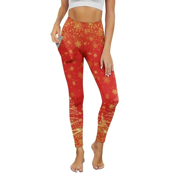 Renewold Snowflake Red Gold Yoga Leggings for Women Yoga Pants with Pockets Athletic Tights Soft Basic Pants Casual Active Yoga Leggings for Workout Sports Disco Party, S