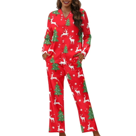 Renewold Snowflake Reindeer Pajama Set for Women 2 PCS Stretchy Button Down Clothing Relaxed Sleepwear for Christmas Birthday Gifts Warm Long Sleeve Scoop Neck Nightclothes Size 2XL